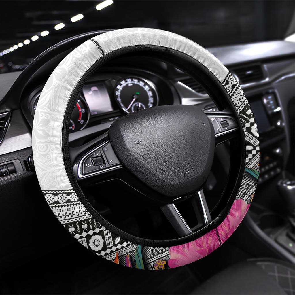 Fiji Iguana Steering Wheel Cover Tapa Tribal Tattoo and Hibiscus