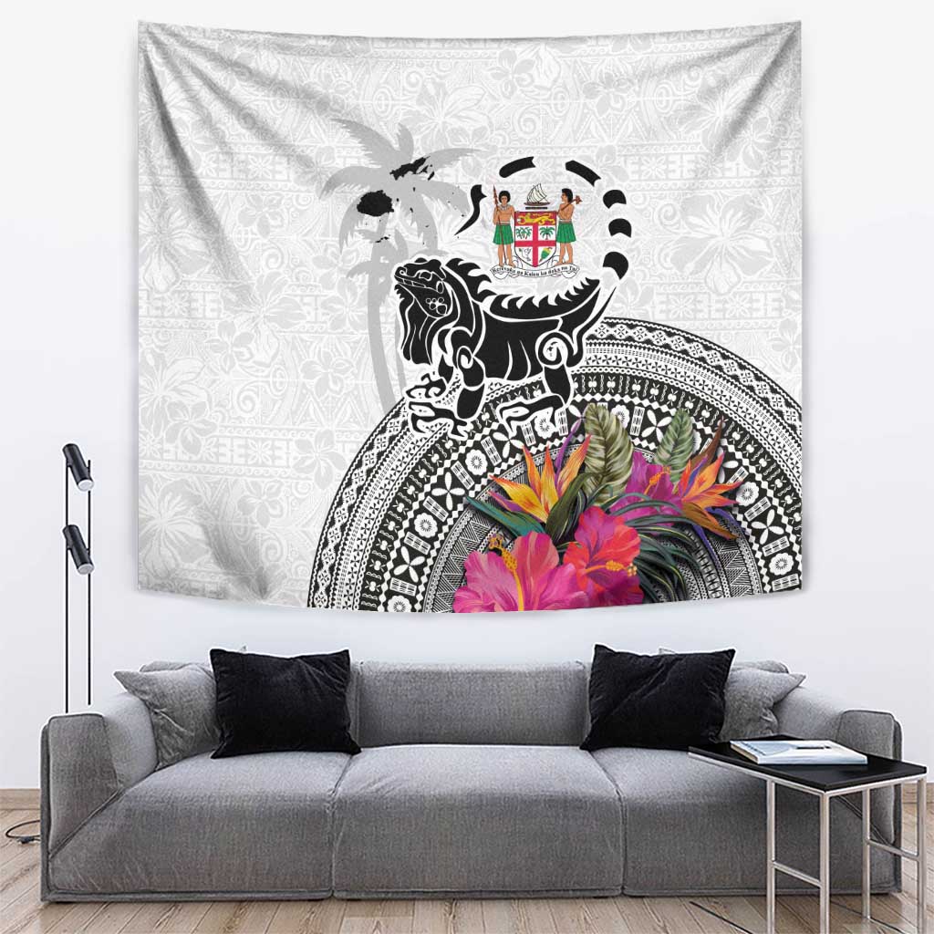 Fiji Iguana Tapestry Tapa Tribal Tattoo and Hibiscus LT03 White - Polynesian Pride