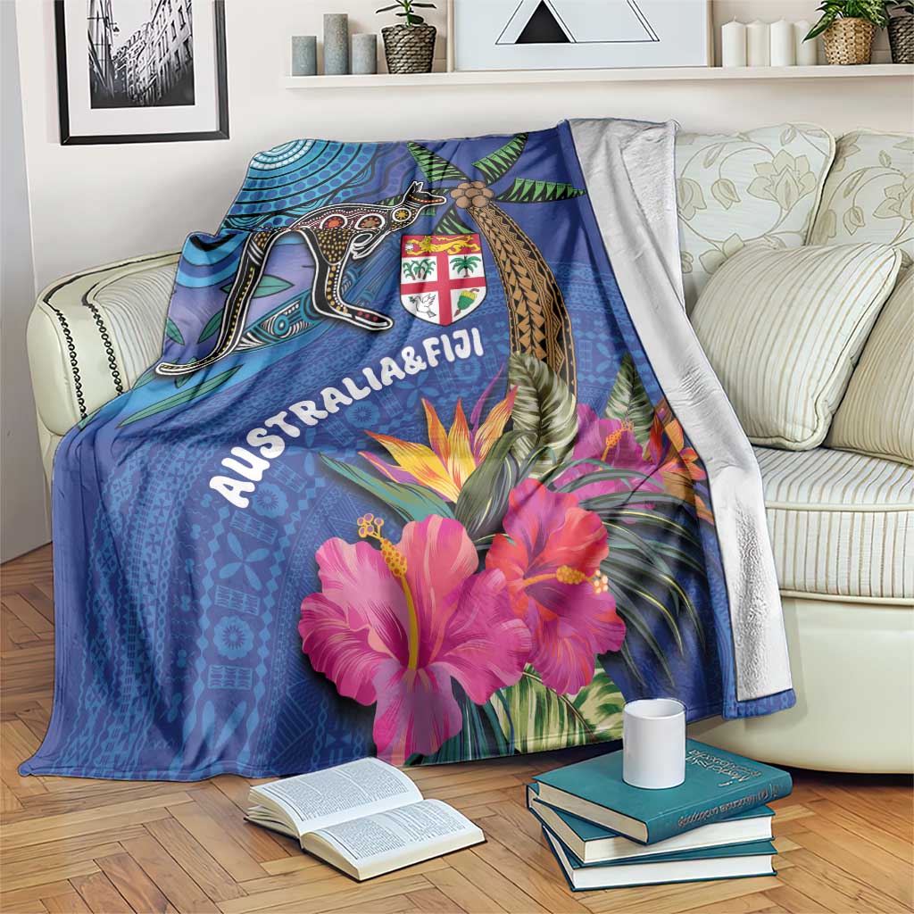 Fiji and Australia Together Blanket Aboriginal Kangaroo and Tapa Tribal Hibiscus LT03 Blue - Polynesian Pride