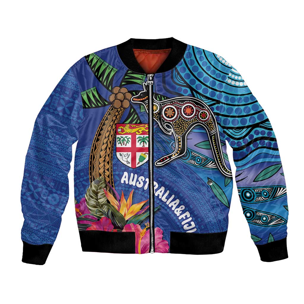 Fiji and Australia Together Bomber Jacket Aboriginal Kangaroo and Tapa Tribal Hibiscus LT03 Unisex Blue - Polynesian Pride