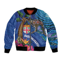 Fiji and Australia Together Bomber Jacket Aboriginal Kangaroo and Tapa Tribal Hibiscus LT03 Unisex Blue - Polynesian Pride