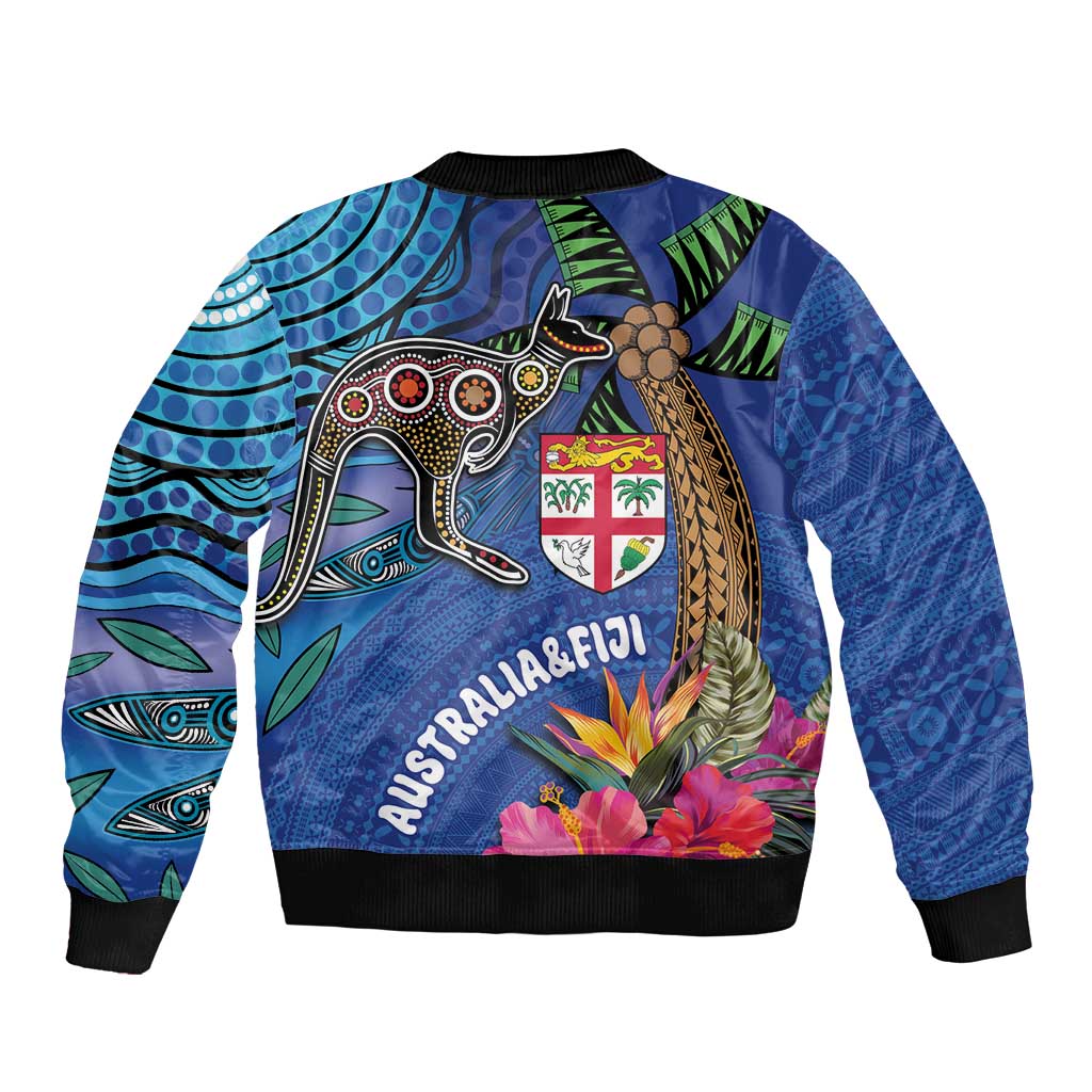 Fiji and Australia Together Bomber Jacket Aboriginal Kangaroo and Tapa Tribal Hibiscus LT03 - Polynesian Pride