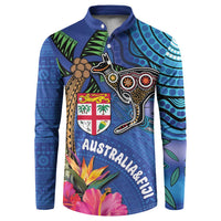 Fiji and Australia Together Button Sweatshirt Aboriginal Kangaroo and Tapa Tribal Hibiscus LT03 Blue - Polynesian Pride