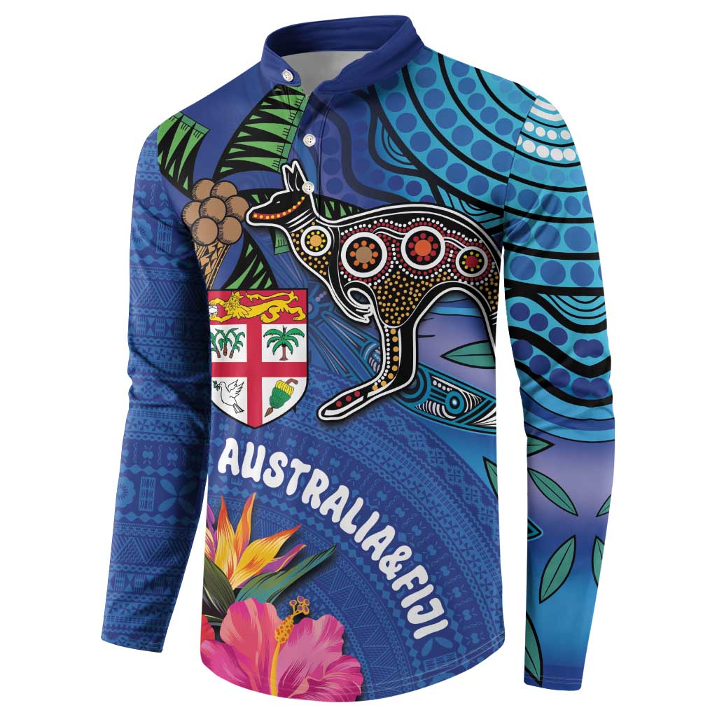 Fiji and Australia Together Button Sweatshirt Aboriginal Kangaroo and Tapa Tribal Hibiscus LT03 - Polynesian Pride