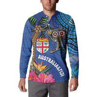 Fiji and Australia Together Button Sweatshirt Aboriginal Kangaroo and Tapa Tribal Hibiscus LT03 - Polynesian Pride