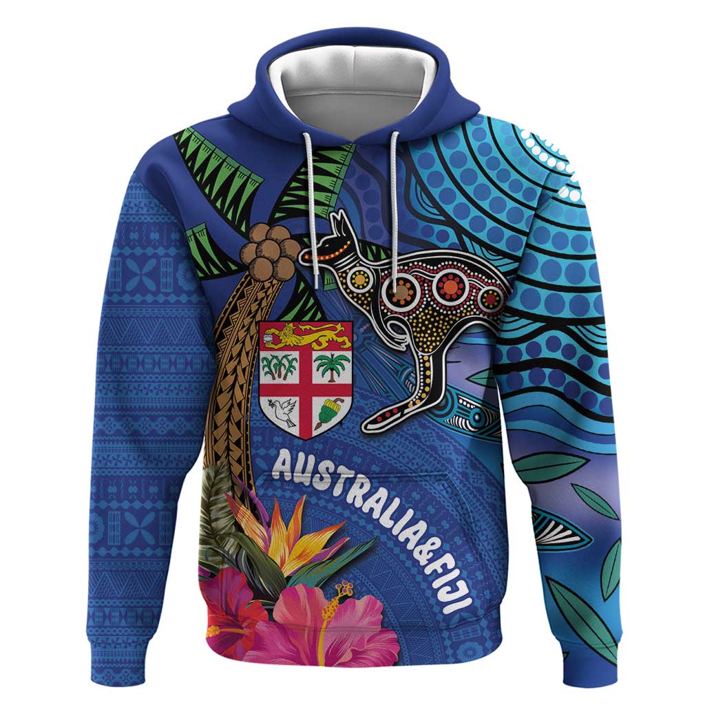 Fiji and Australia Together Hoodie Aboriginal Kangaroo and Tapa Tribal Hibiscus LT03 Pullover Hoodie Blue - Polynesian Pride