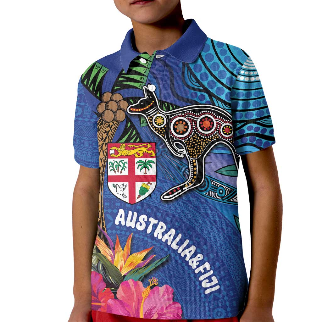 Fiji and Australia Together Kid Polo Shirt Aboriginal Kangaroo and Tapa Tribal Hibiscus