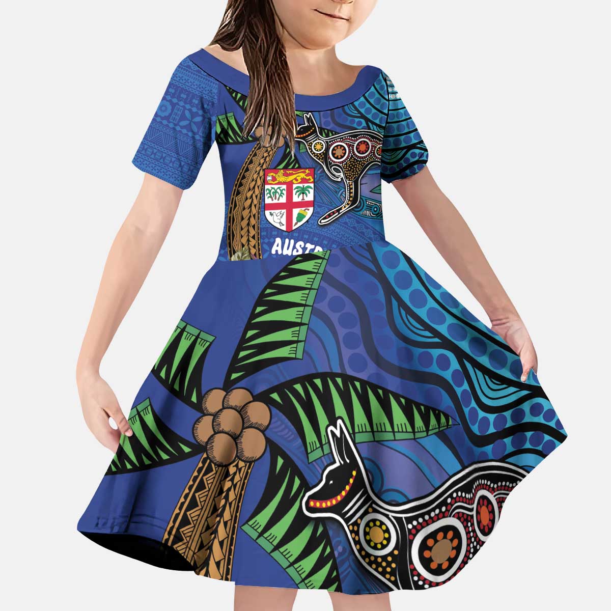 Fiji and Australia Together Kid Short Sleeve Dress Aboriginal Kangaroo and Tapa Tribal Hibiscus LT03 KID Blue - Polynesian Pride