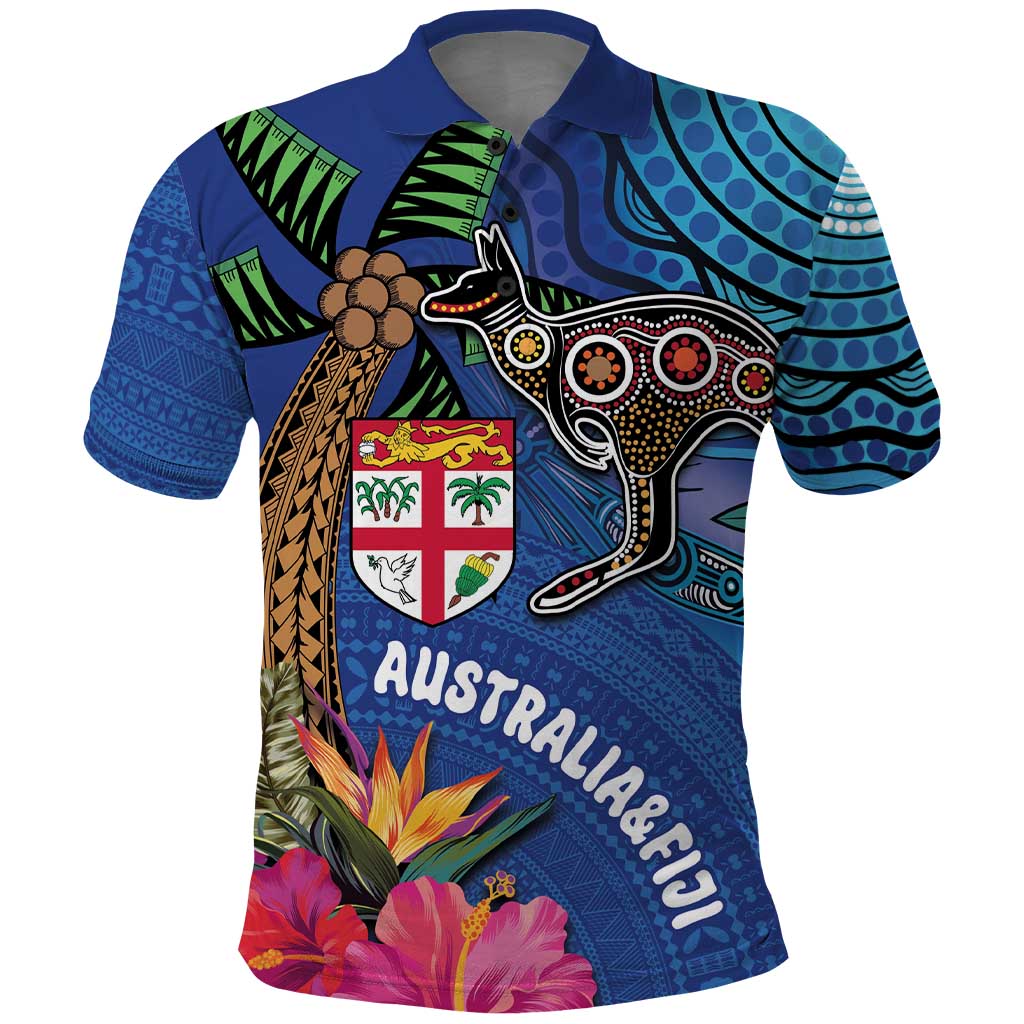 Fiji and Australia Together Polo Shirt Aboriginal Kangaroo and Tapa Tribal Hibiscus LT03 Blue - Polynesian Pride