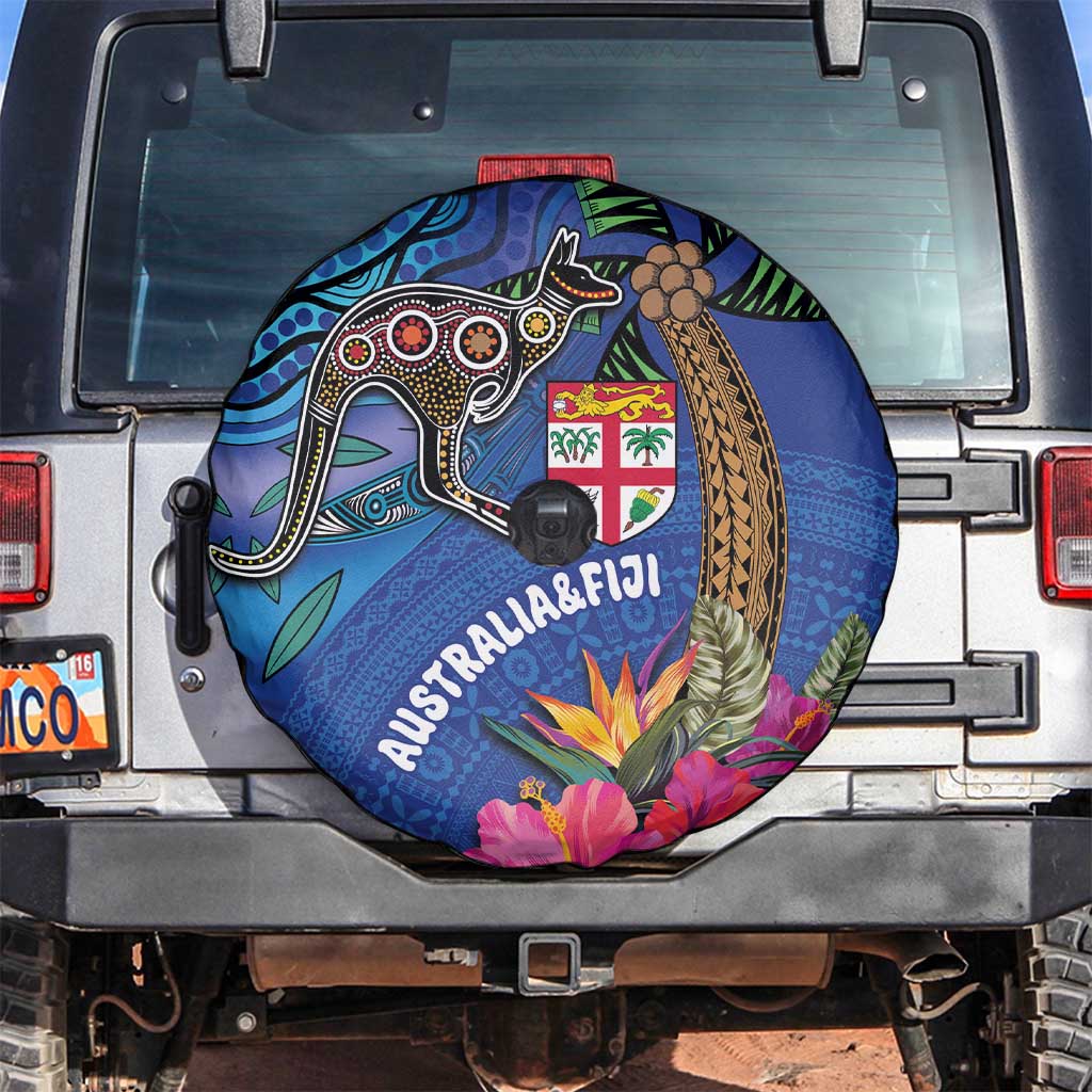 Fiji and Australia Together Spare Tire Cover Aboriginal Kangaroo and Tapa Tribal Hibiscus LT03 Blue - Polynesian Pride