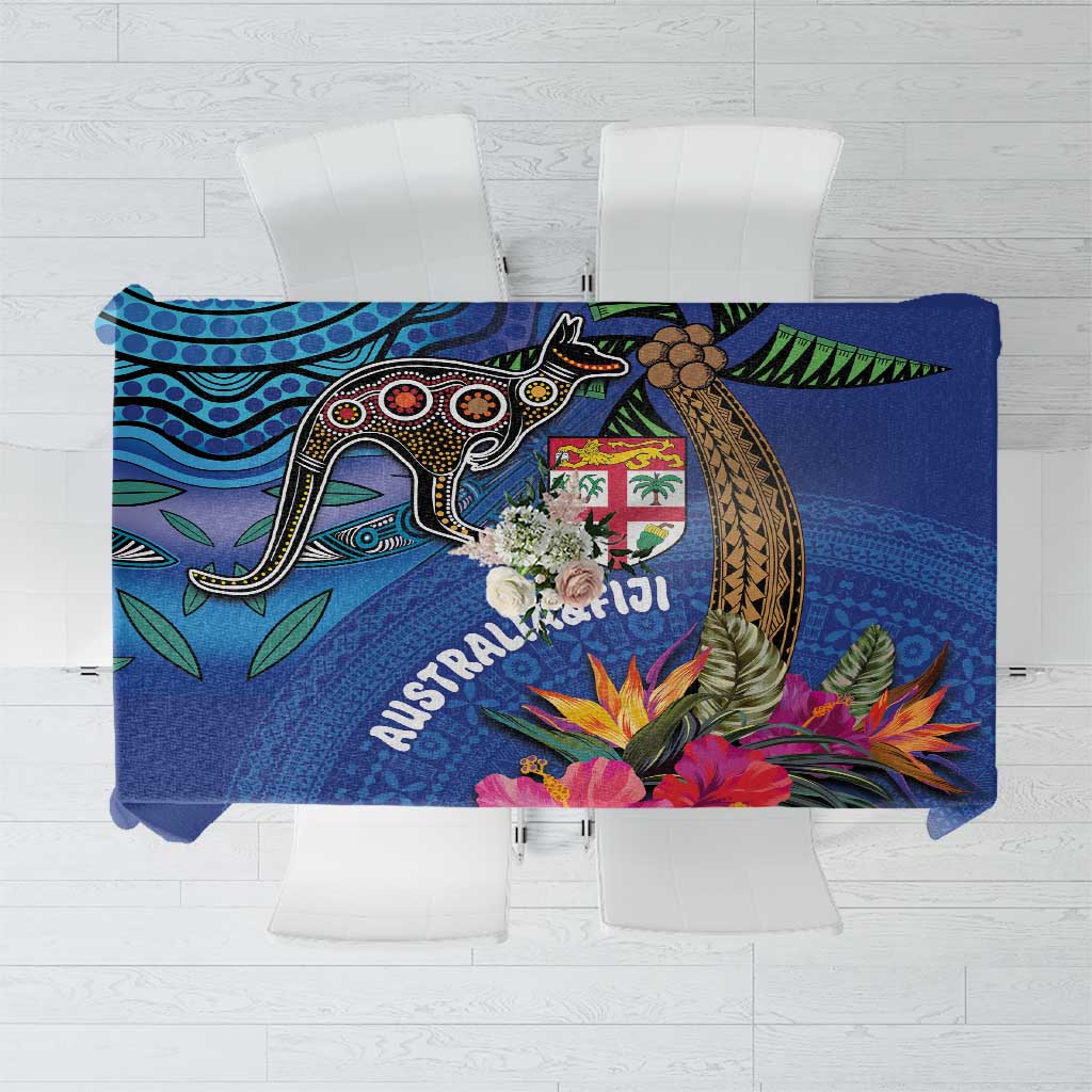 Fiji and Australia Together Tablecloth Aboriginal Kangaroo and Tapa Tribal Hibiscus LT03 Blue - Polynesian Pride