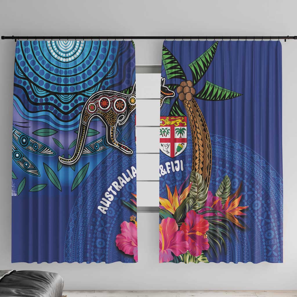 Fiji and Australia Together Window Curtain Aboriginal Kangaroo and Tapa Tribal Hibiscus LT03 With Hooks Blue - Polynesian Pride