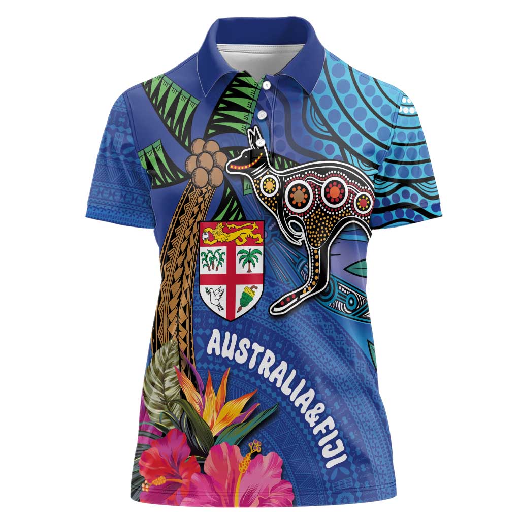 Fiji and Australia Together Women Polo Shirt Aboriginal Kangaroo and Tapa Tribal Hibiscus