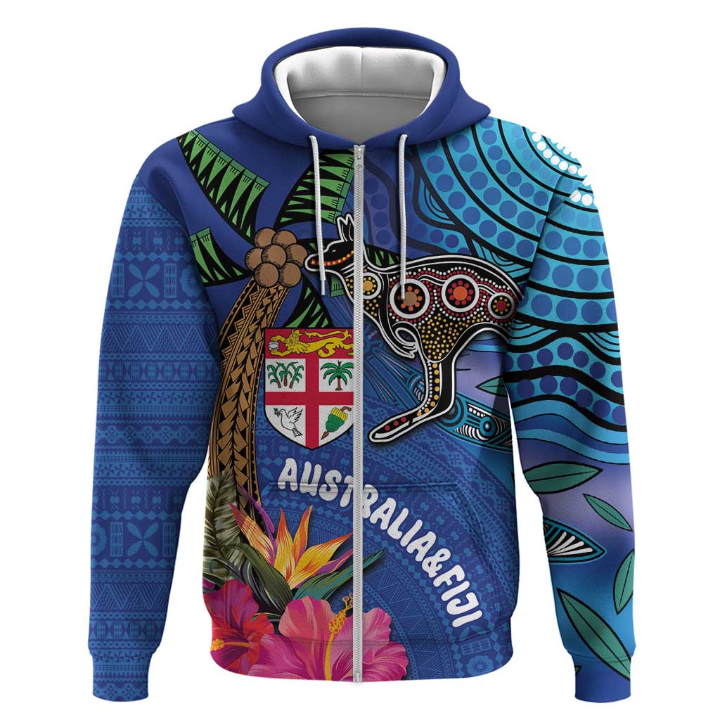 Fiji and Australia Together Zip Hoodie Aboriginal Kangaroo and Tapa Tribal Hibiscus LT03 Zip Hoodie Blue - Polynesian Pride
