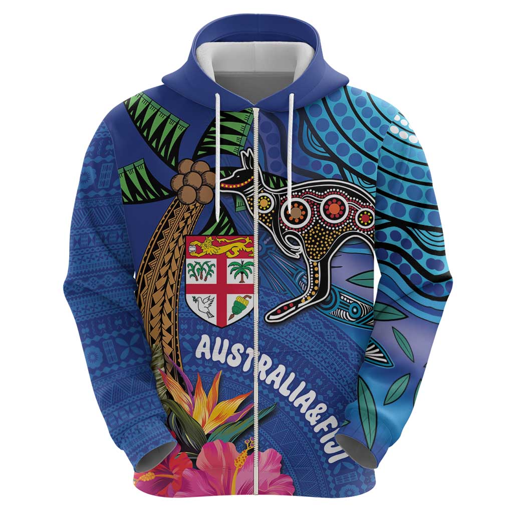 Fiji and Australia Together Zip Hoodie Aboriginal Kangaroo and Tapa Tribal Hibiscus LT03 - Polynesian Pride