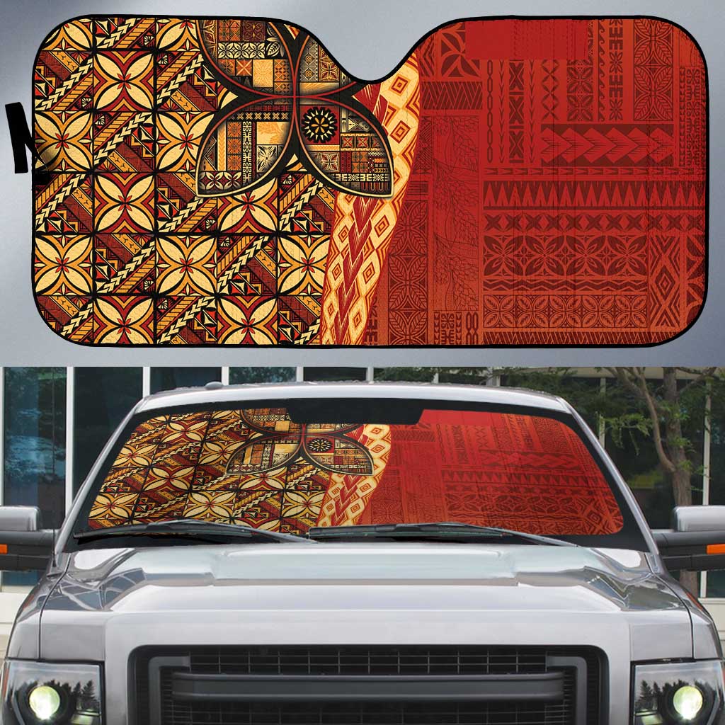 Samoan Pacific Tribal Flower Geometric Art Tattoos Auto Sun Shade Siapo Pattern Flame Sunset LT03 Red - Polynesian Pride