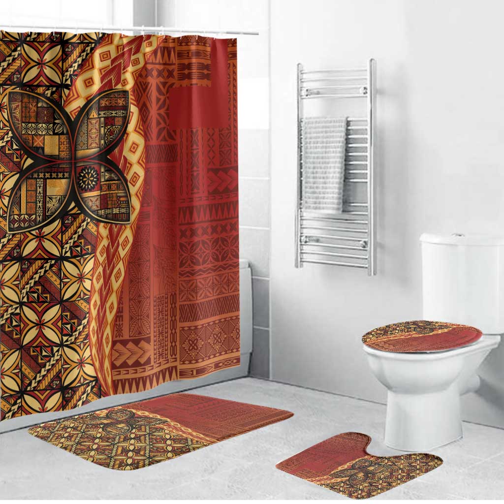 Samoan Pacific Tribal Flower Geometric Art Tattoos Bathroom Set Siapo Pattern Flame Sunset LT03 Bathroom Set (4 pcs) Red - Polynesian Pride