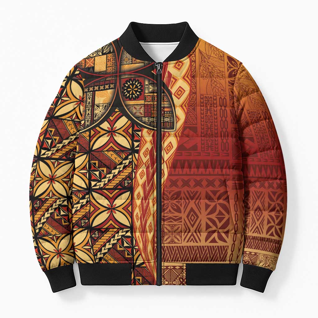 Samoan Pacific Tribal Flower Geometric Art Tattoos Bomber Puffer Jacket Siapo Pattern Flame Sunset LT03 Red - Polynesian Pride