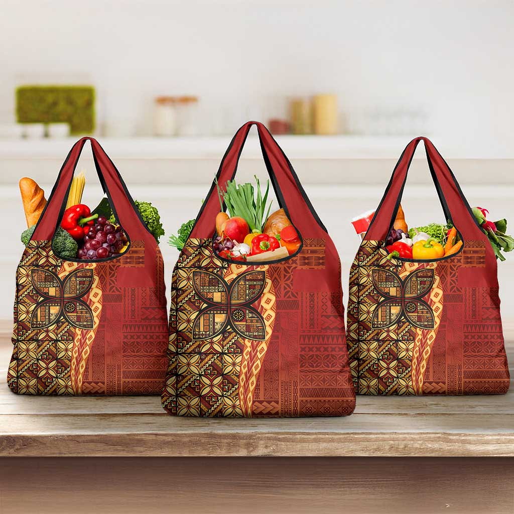 Samoan Pacific Tribal Flower Geometric Art Tattoos Grocery Bag Siapo Pattern Flame Sunset LT03 3-pack One Size Red - Polynesian Pride