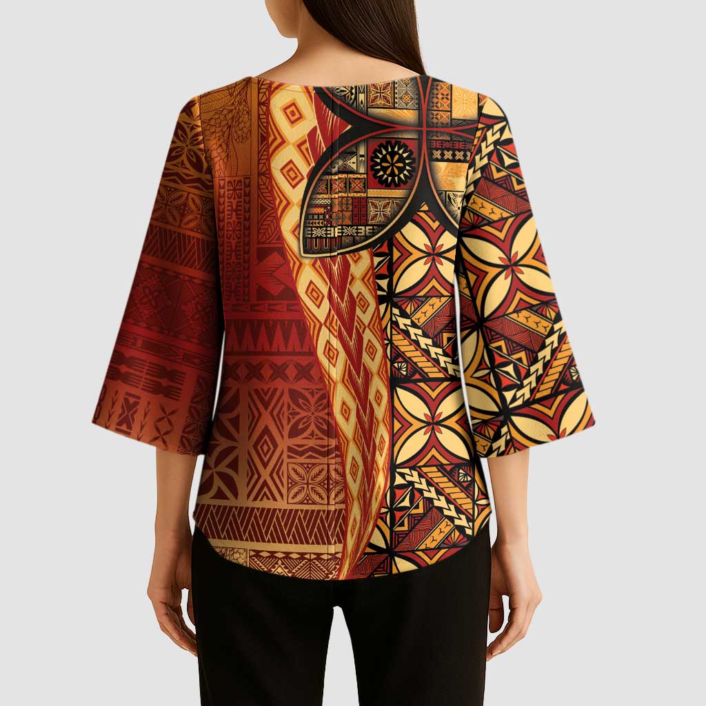 Samoan Pacific Tribal Flower Geometric Art Tattoos Kimono Sleeve Blouse Siapo Pattern Flame Sunset LT03 - Polynesian Pride
