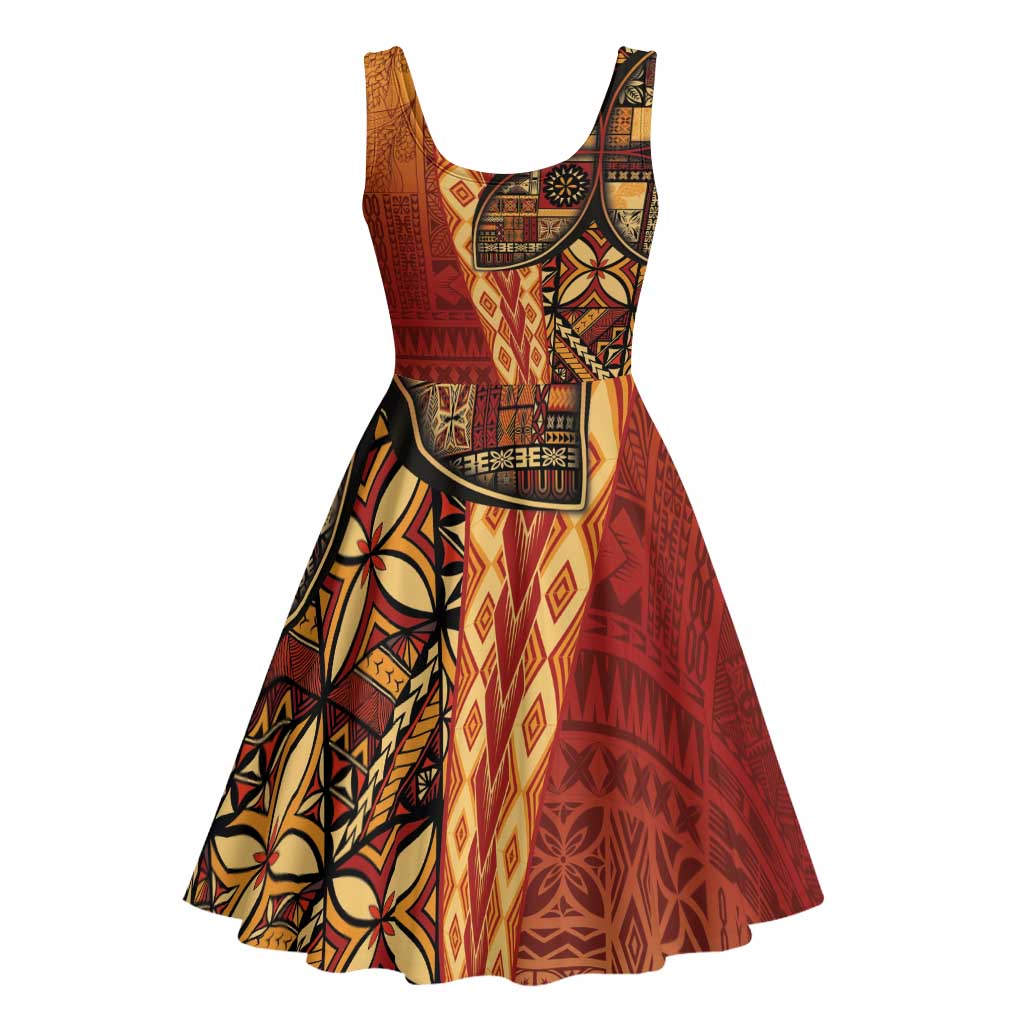 Samoan Pacific Tribal Flower Geometric Art Tattoos Midi Dress Siapo Pattern Flame Sunset LT03 - Polynesian Pride