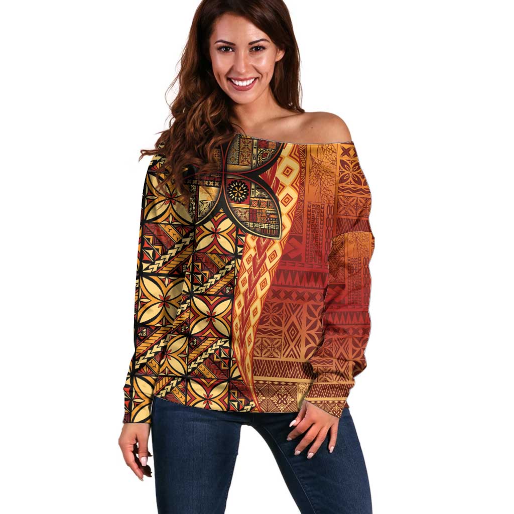Samoan Pacific Tribal Flower Geometric Art Tattoos Off Shoulder Sweater Siapo Pattern Flame Sunset LT03 Women Red - Polynesian Pride