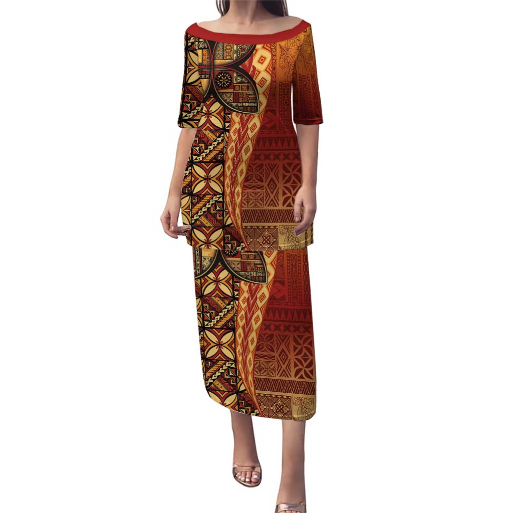 Samoan Pacific Tribal Flower Geometric Art Tattoos Puletasi Siapo Pattern Flame Sunset LT03 Long Dress Red - Polynesian Pride