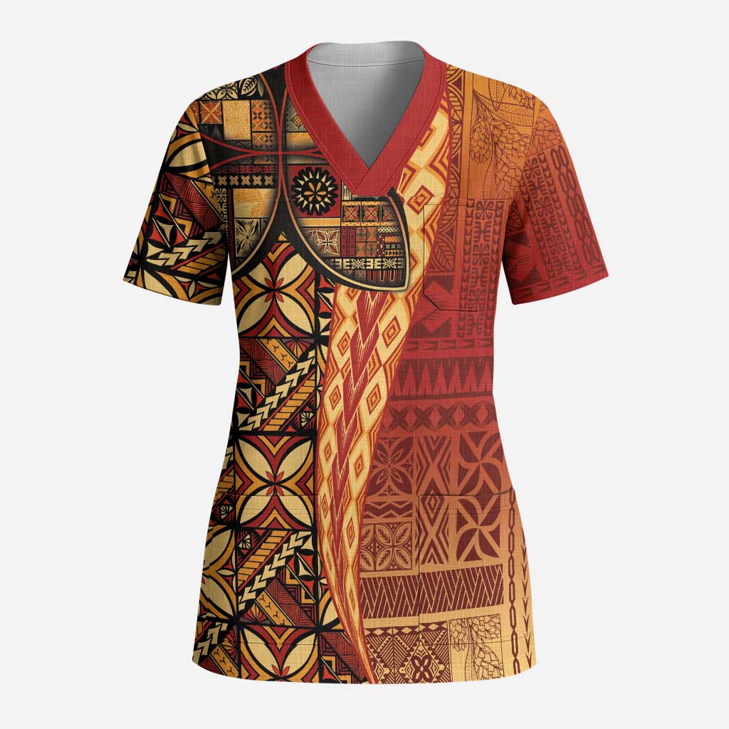 Samoan Pacific Tribal Flower Geometric Art Tattoos Scrub Top Siapo Pattern Flame Sunset LT03 Adult Red - Polynesian Pride