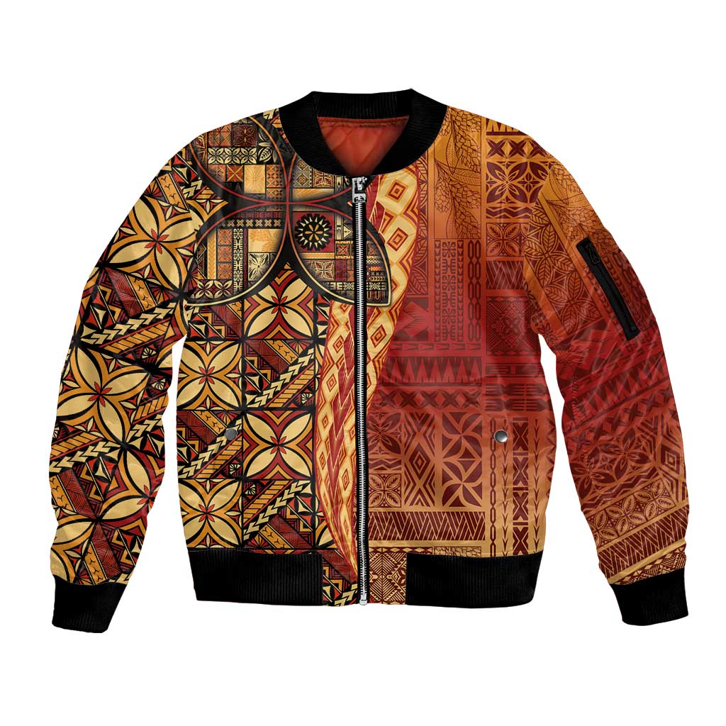 Samoan Pacific Tribal Flower Geometric Art Tattoos Sleeve Zip Bomber Jacket Siapo Pattern Flame Sunset LT03 Unisex Red - Polynesian Pride