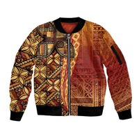 Samoan Pacific Tribal Flower Geometric Art Tattoos Sleeve Zip Bomber Jacket Siapo Pattern Flame Sunset LT03 Unisex Red - Polynesian Pride