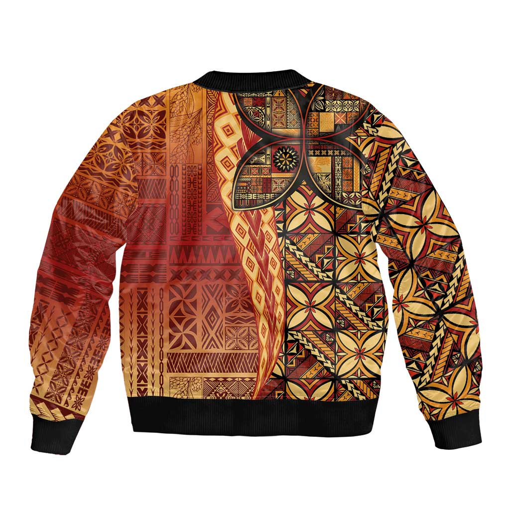 Samoan Pacific Tribal Flower Geometric Art Tattoos Sleeve Zip Bomber Jacket Siapo Pattern Flame Sunset LT03 - Polynesian Pride