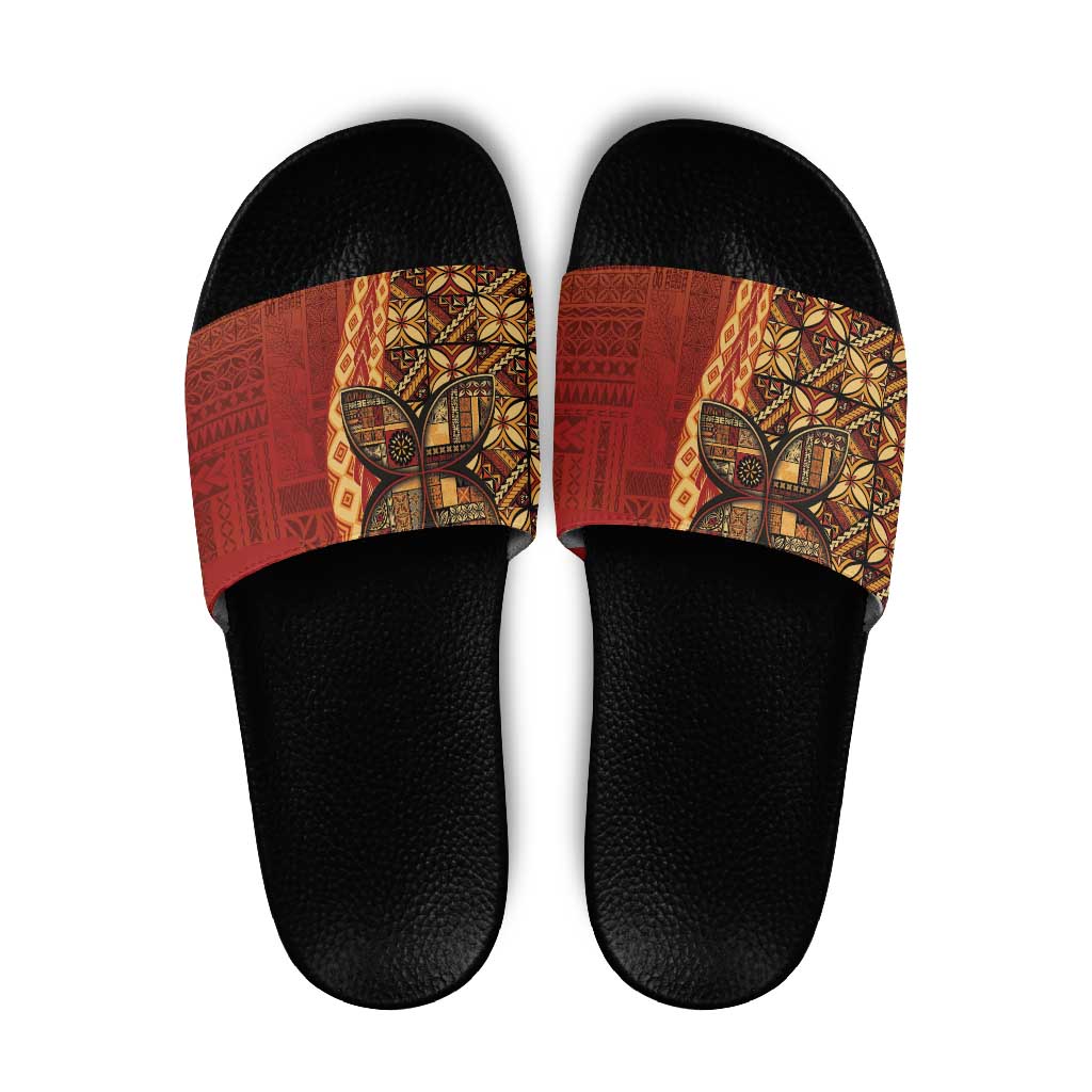 Samoan Pacific Tribal Flower Geometric Art Tattoos Slide Sandals Siapo Pattern Flame Sunset LT03 Red - Polynesian Pride
