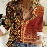 Samoan Pacific Tribal Flower Geometric Art Tattoos Women Casual Shirt Siapo Pattern Flame Sunset LT03 Female Red - Polynesian Pride