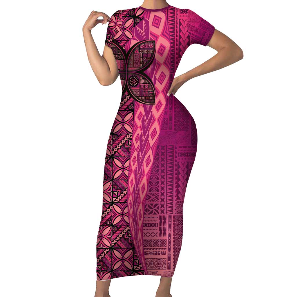 Samoan Pacific Tribal Flower Geometric Art Tattoos Short Sleeve Bodycon Dress Siapo Pattern Romantic Rose LT03 Long Dress Pink - Polynesian Pride