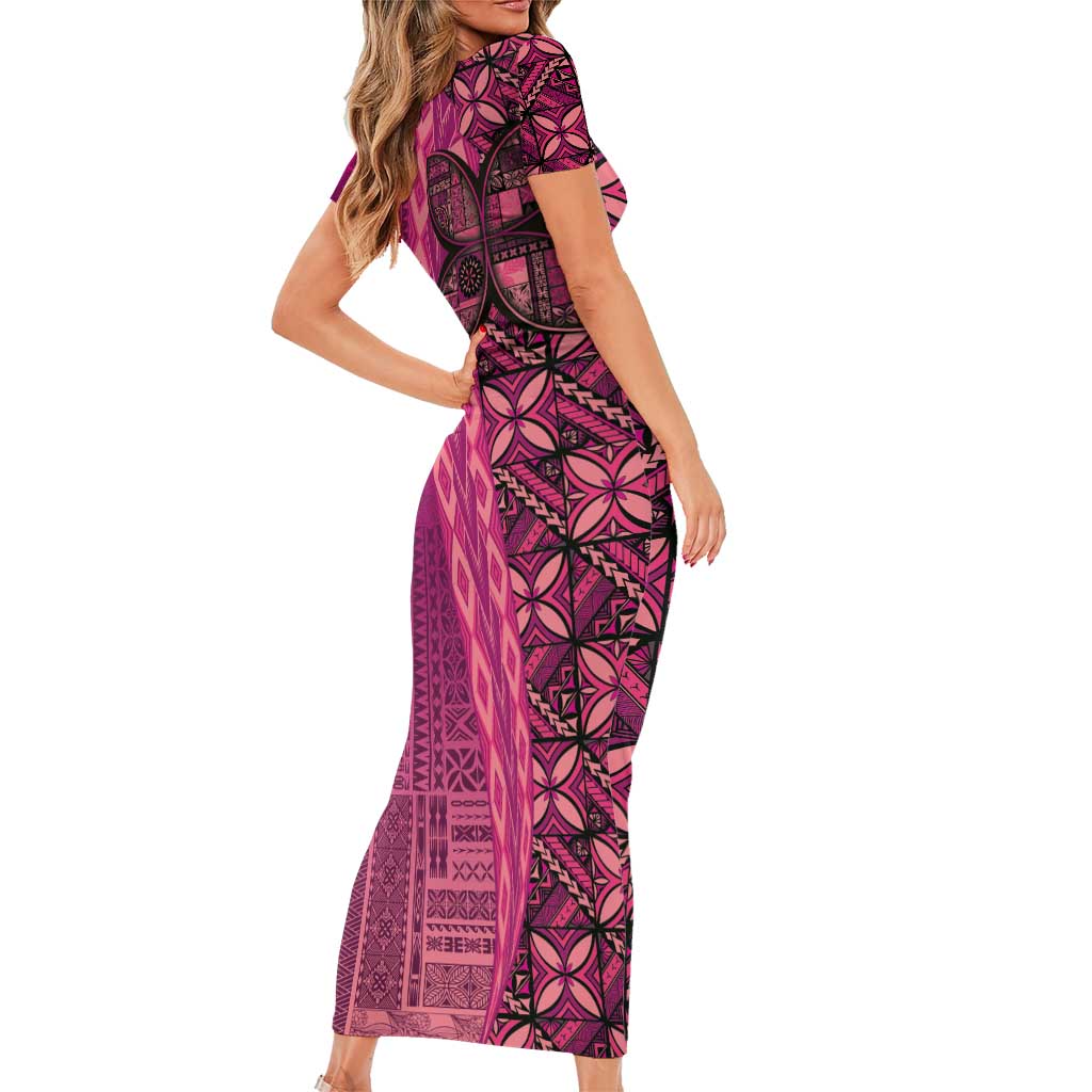 Samoan Pacific Tribal Flower Geometric Art Tattoos Short Sleeve Bodycon Dress Siapo Pattern Romantic Rose LT03 - Polynesian Pride