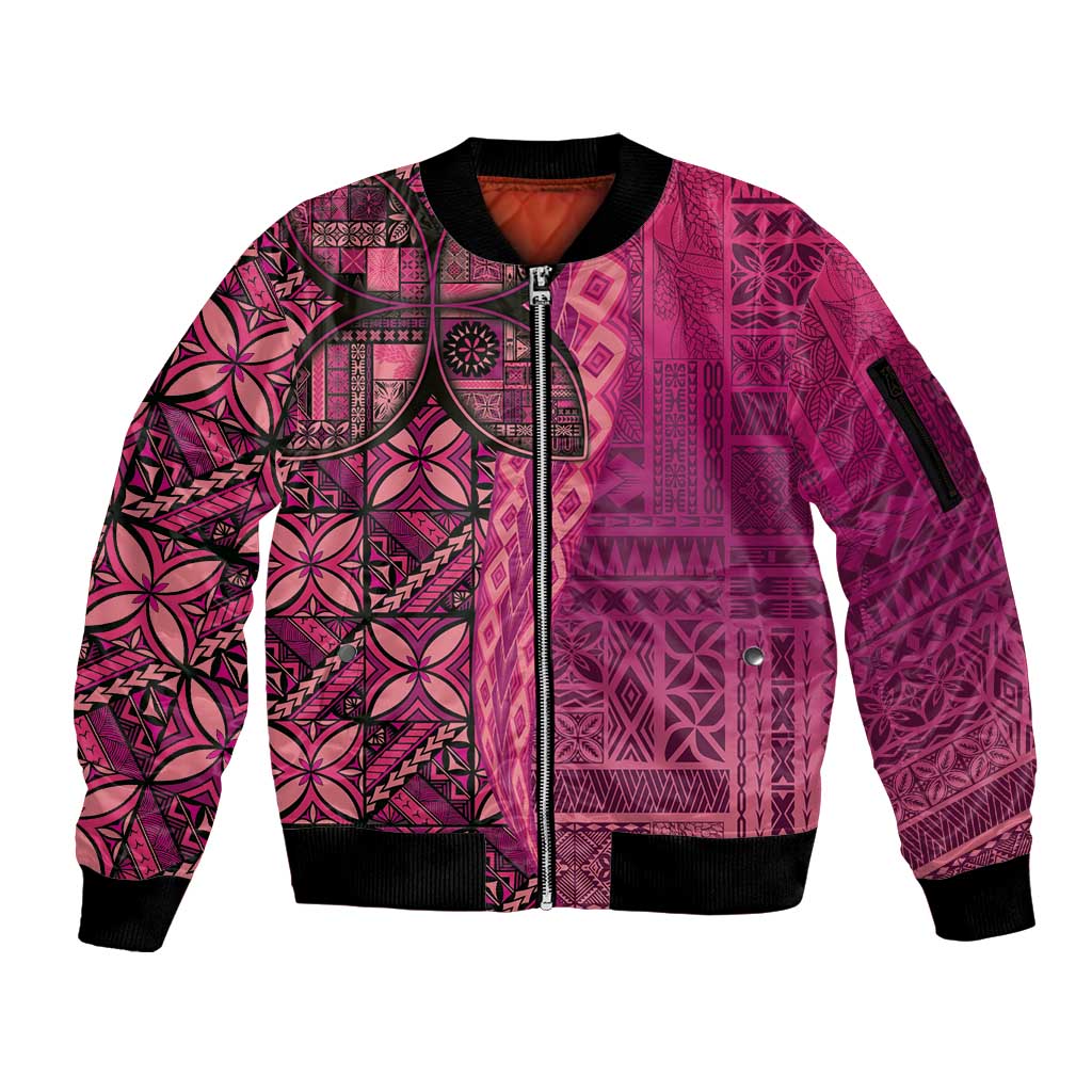 Samoan Pacific Tribal Flower Geometric Art Tattoos Sleeve Zip Bomber Jacket Siapo Pattern Romantic Rose LT03 Unisex Pink - Polynesian Pride