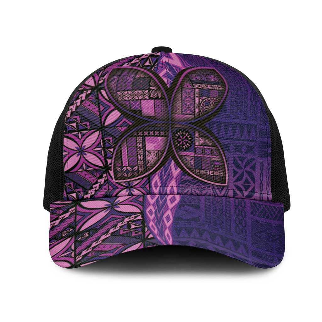 Samoan Pacific Tribal Flower Geometric Art Tattoos Mesh Trucker Cap Siapo Pattern Purple Haze LT03 One Size Black Purple - Polynesian Pride