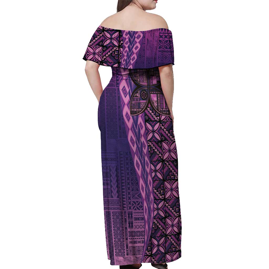 Samoan Pacific Tribal Flower Geometric Art Tattoos Off Shoulder Maxi Dress Siapo Pattern Purple Haze LT03 - Polynesian Pride