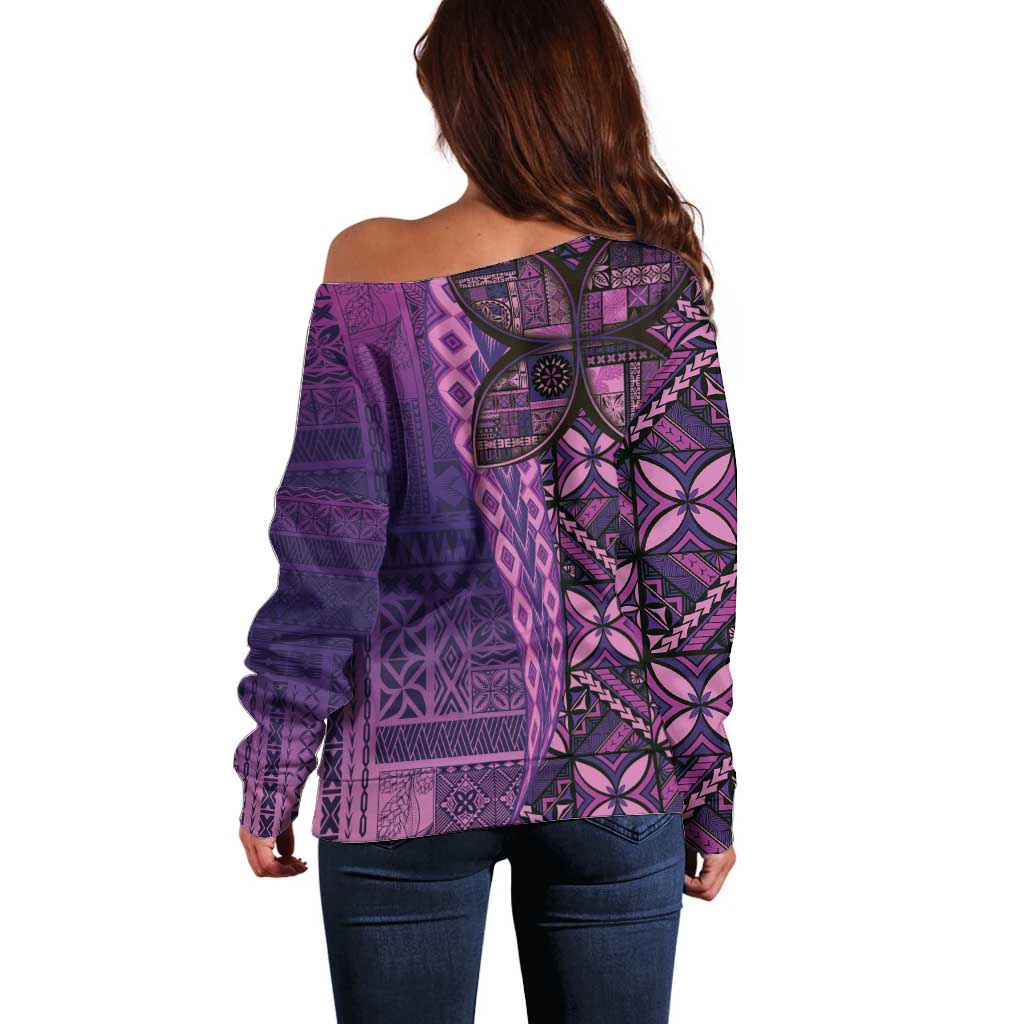 Samoan Pacific Tribal Flower Geometric Art Tattoos Off Shoulder Sweater Siapo Pattern Purple Haze LT03 - Polynesian Pride