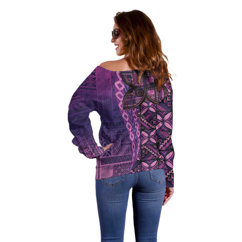 Samoan Pacific Tribal Flower Geometric Art Tattoos Off Shoulder Sweater Siapo Pattern Purple Haze LT03 - Polynesian Pride