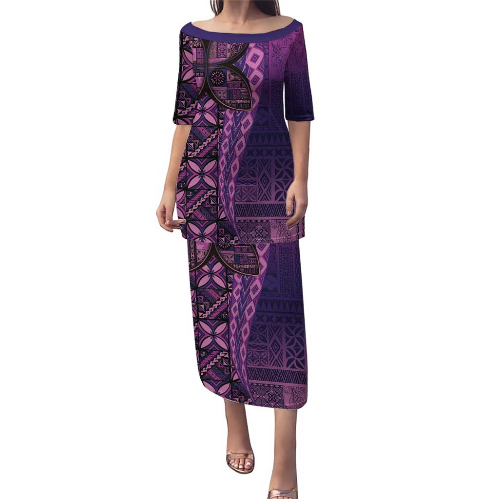Samoan Pacific Tribal Flower Geometric Art Tattoos Puletasi Siapo Pattern Purple Haze LT03 Long Dress Purple - Polynesian Pride