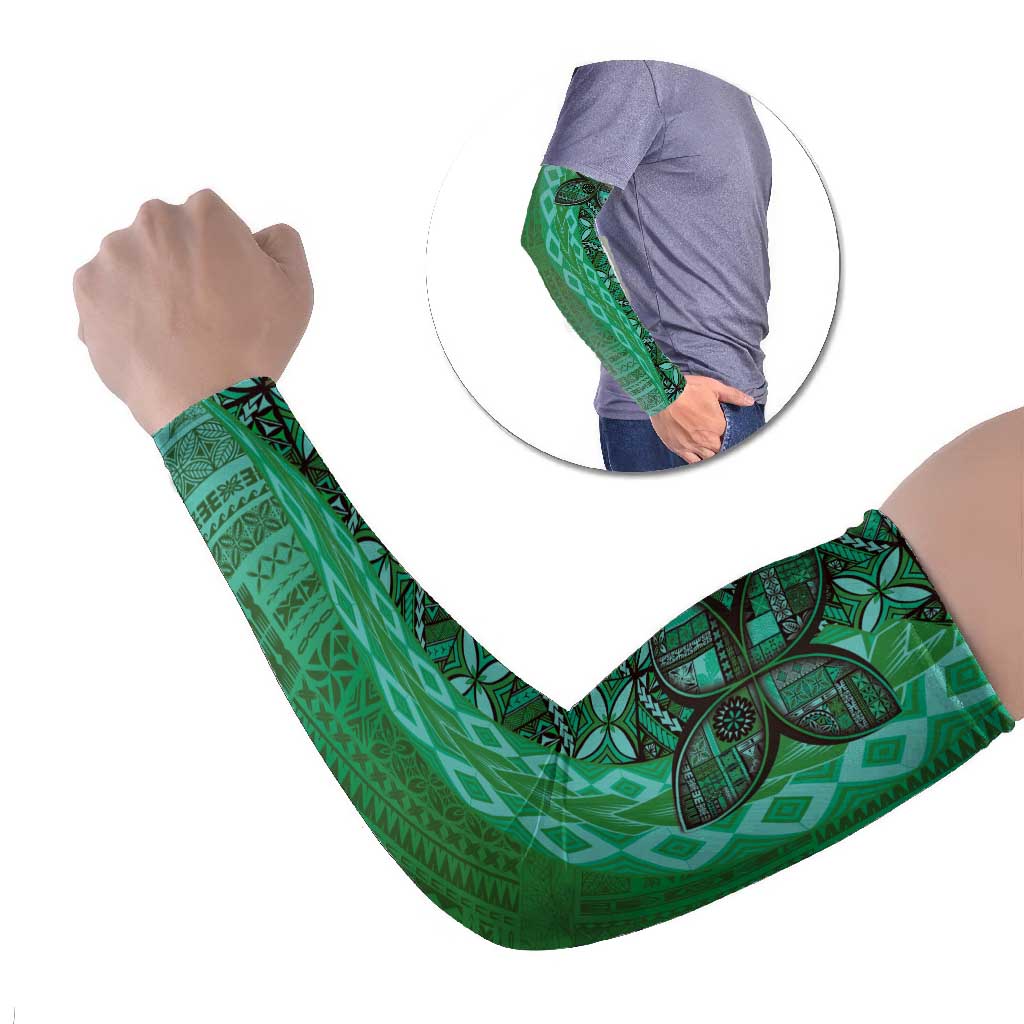 Samoan Pacific Tribal Flower Geometric Art Tattoos Arm Sleeves Siapo Pattern Emerald Glow LT03 Set of 2 Green - Polynesian Pride