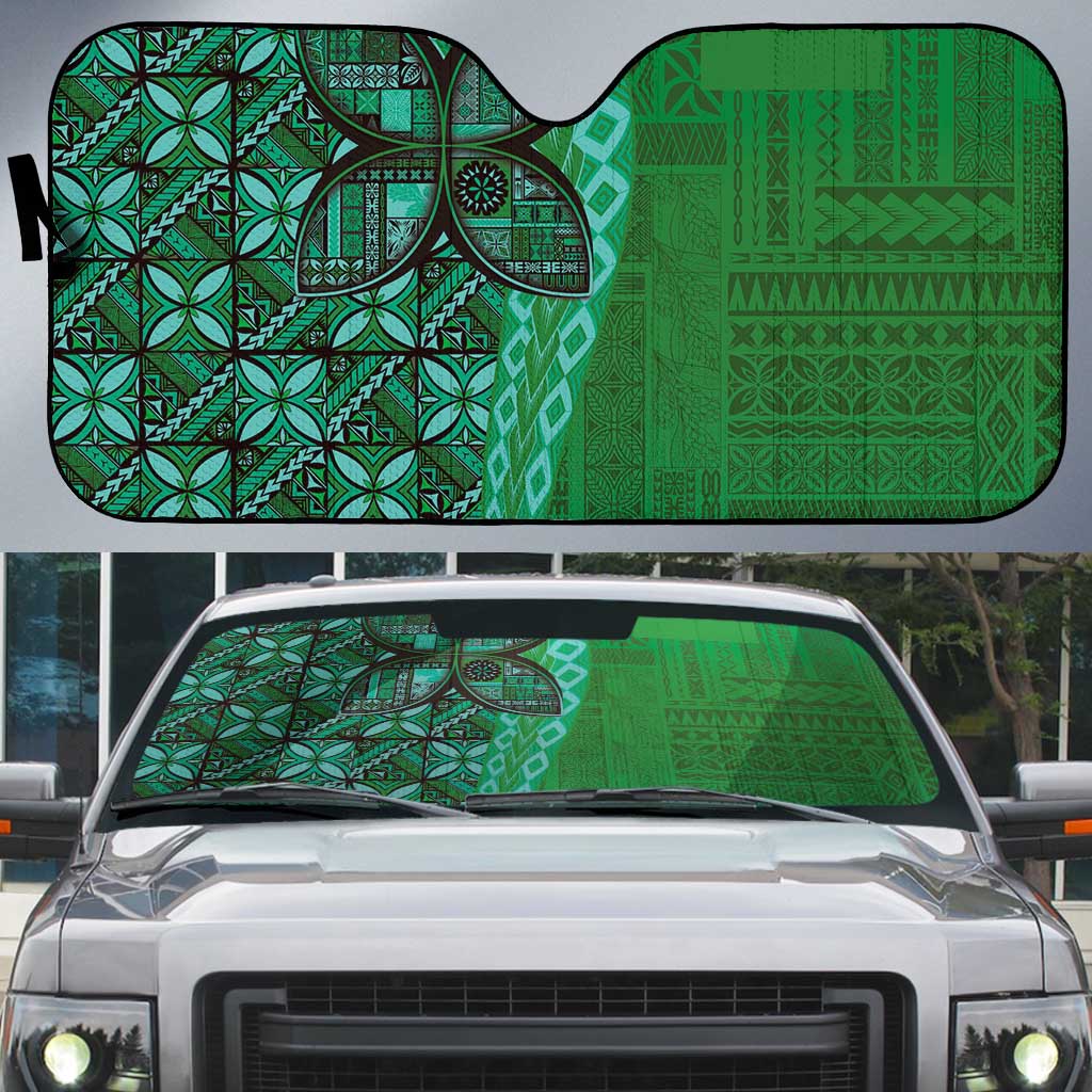 Samoan Pacific Tribal Flower Geometric Art Tattoos Auto Sun Shade Siapo Pattern Emerald Glow LT03 Green - Polynesian Pride