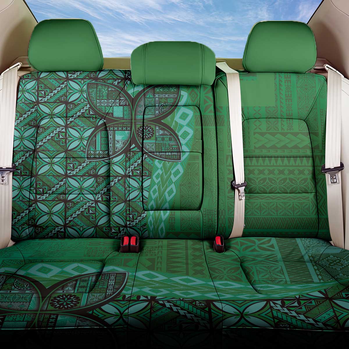 Samoan Pacific Tribal Flower Geometric Art Tattoos Back Car Seat Cover Siapo Pattern Emerald Glow LT03 One Size Green - Polynesian Pride
