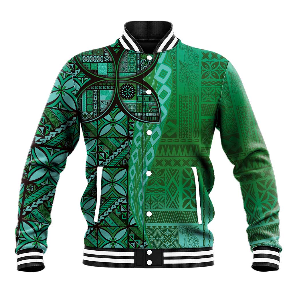 Samoan Pacific Tribal Flower Geometric Art Tattoos Baseball Jacket Siapo Pattern Emerald Glow LT03 Unisex Green - Polynesian Pride