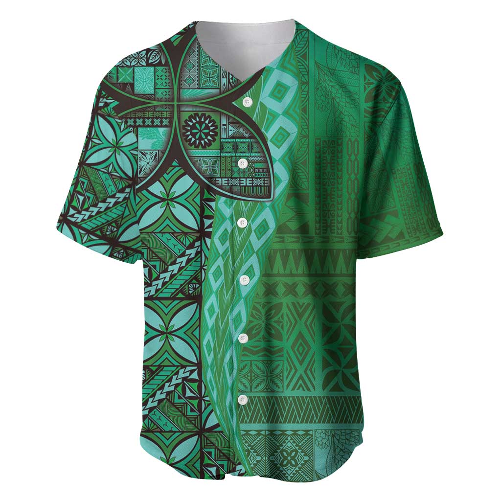 Samoan Pacific Tribal Flower Geometric Art Tattoos Baseball Jersey Siapo Pattern Emerald Glow LT03 Green - Polynesian Pride