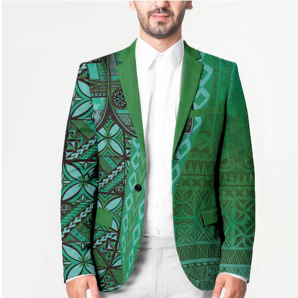 Samoan Pacific Tribal Flower Geometric Art Tattoos Blazer Siapo Pattern Emerald Glow LT03 - Polynesian Pride