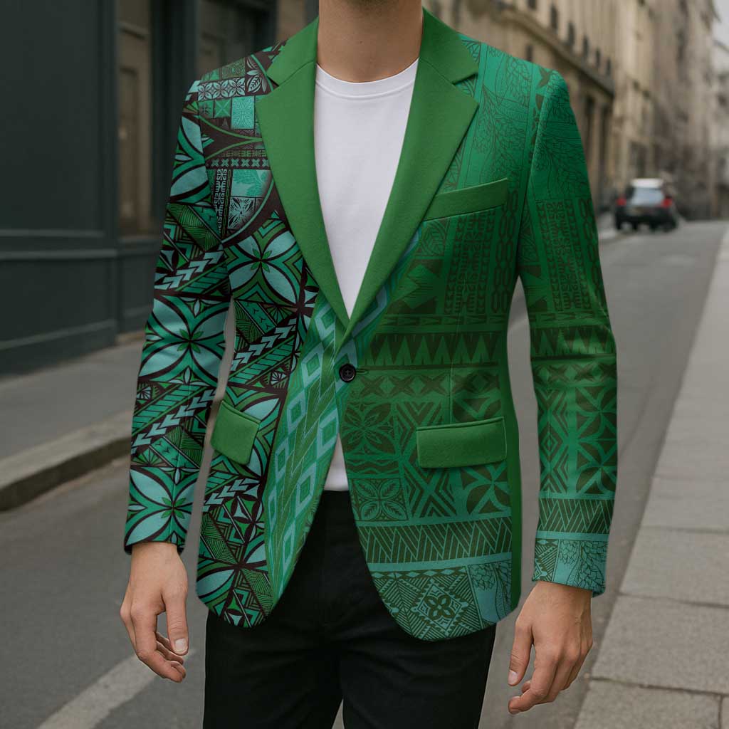 Samoan Pacific Tribal Flower Geometric Art Tattoos Blazer Siapo Pattern Emerald Glow LT03 - Polynesian Pride