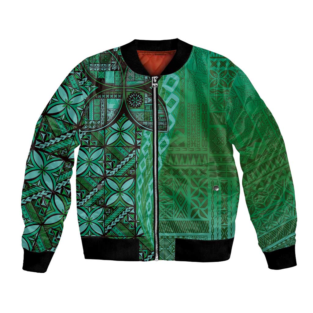 Samoan Pacific Tribal Flower Geometric Art Tattoos Bomber Jacket Siapo Pattern Emerald Glow LT03 Unisex Green - Polynesian Pride