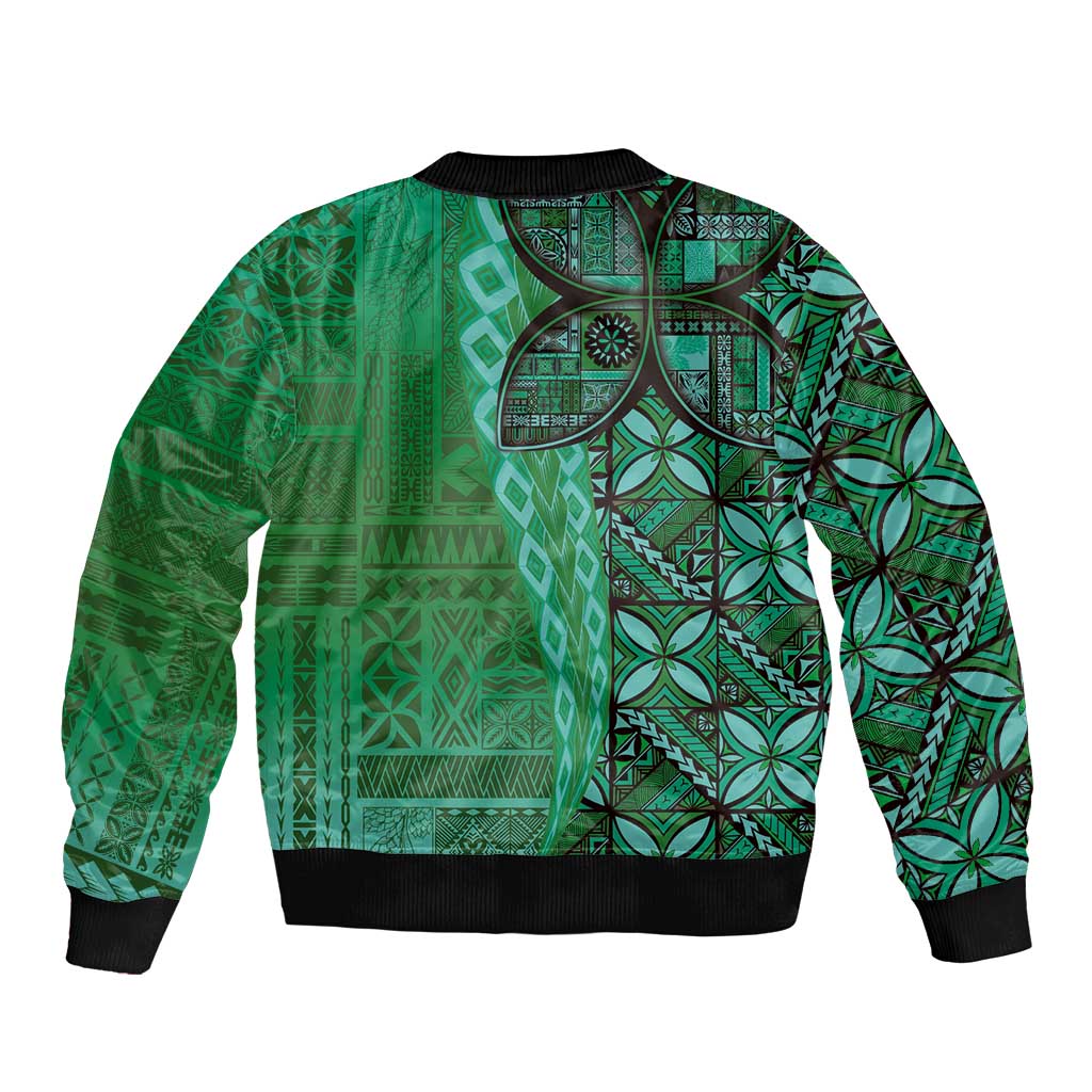 Samoan Pacific Tribal Flower Geometric Art Tattoos Bomber Jacket Siapo Pattern Emerald Glow LT03 - Polynesian Pride
